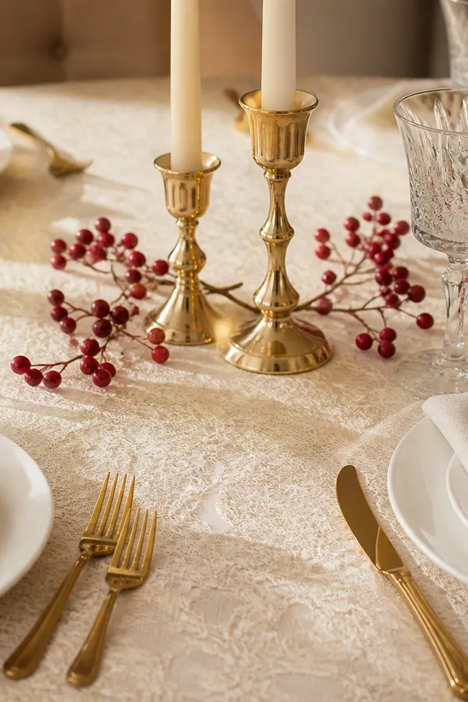 Ivory tablecloth with champagne candlesticks and cranberry sprigs
