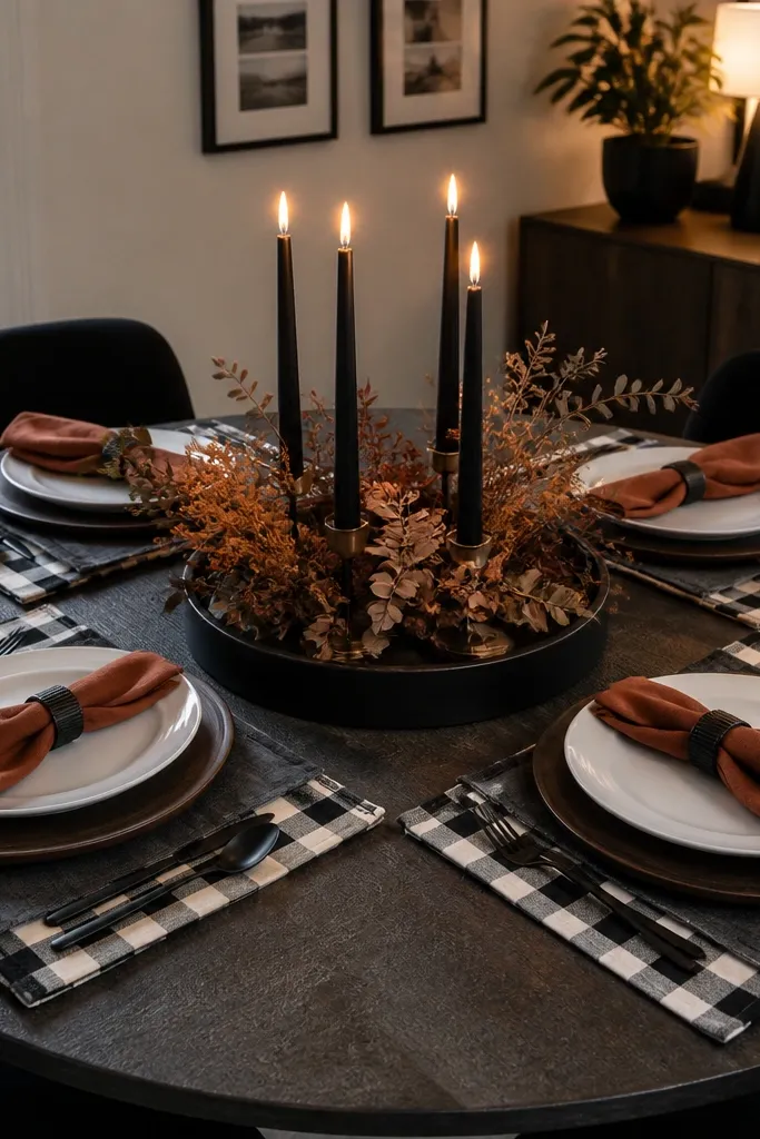 Charcoal linen with rust napkins and black-and-white check place mats