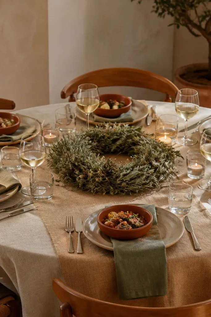 Sandstone runner with terracotta bowls and a low sage herb wreath
