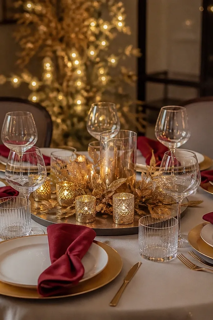 Cream plates with deep red napkins and gold leaf scattered on a low centerpiece