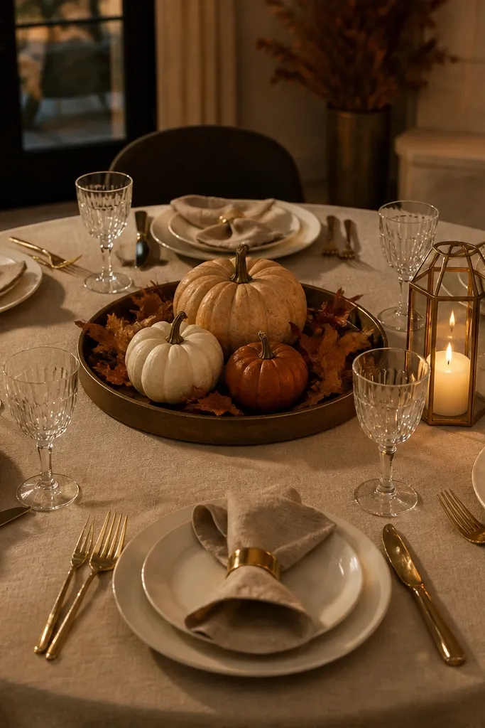 Soft white table with beige linen napkins and three mini pumpkins on a low tray