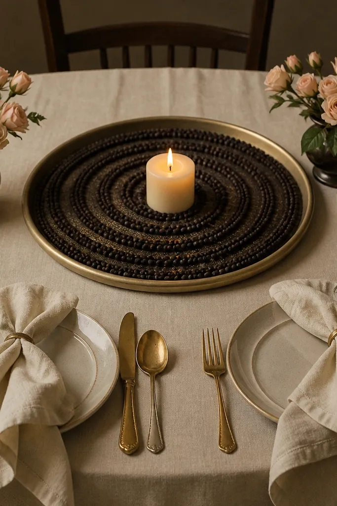 Oatmeal tablecloth with black peppercorn swirl centerpiece and cream napkins