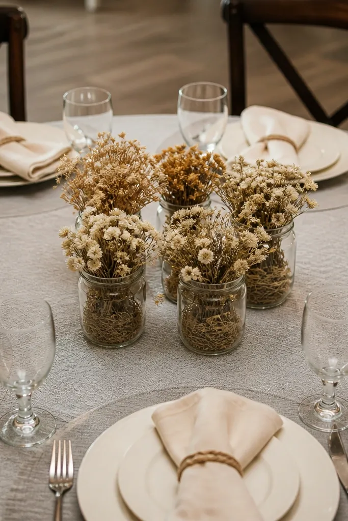 Light gray table linens with warm white napkins and short jars of dried flowers