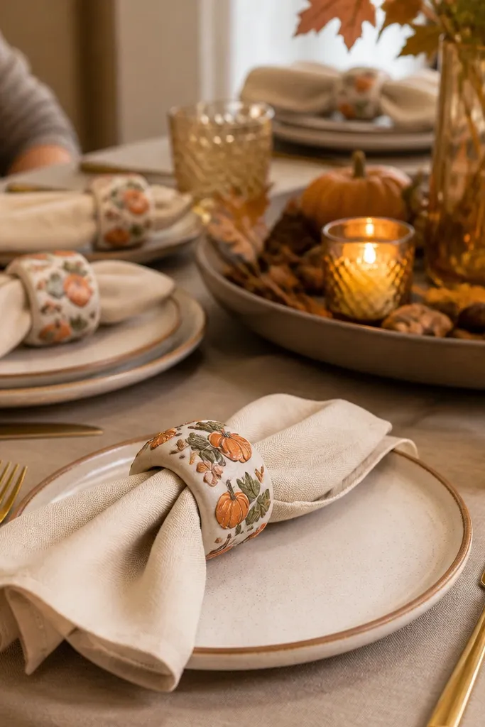Gold flatware with folded napkins and pumpkin-leaf patterned napkin rings