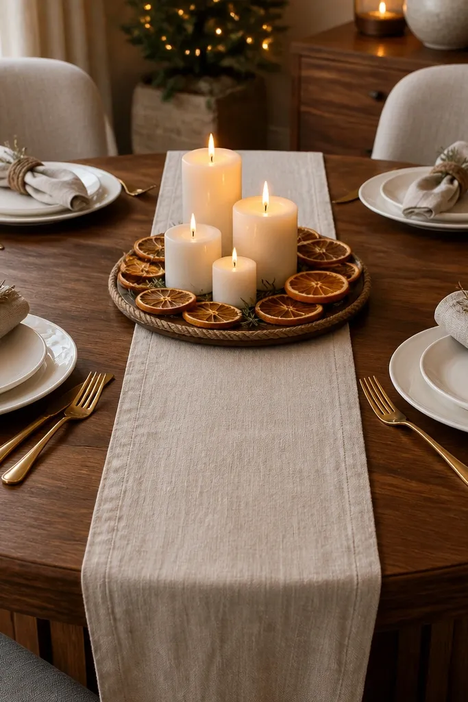 Walnut table with white candles and dried orange slice centerpiece on a rope tray