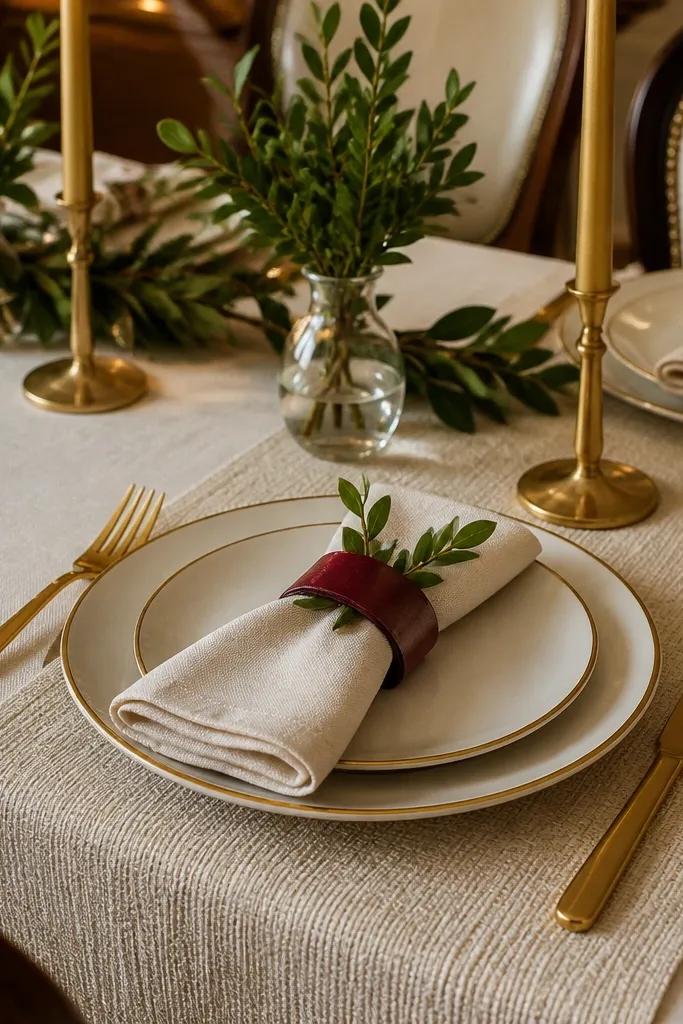 Cream linen table with oxblood napkins, gold candles, and white plates