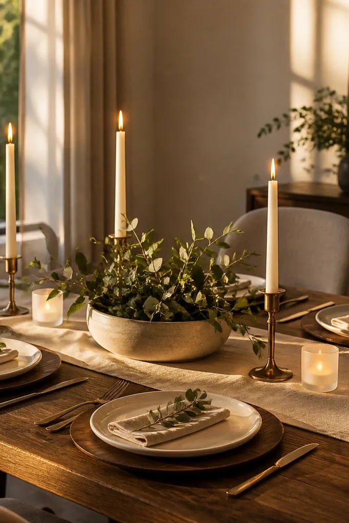 Ivory plates on walnut chargers with short green greenery in the center