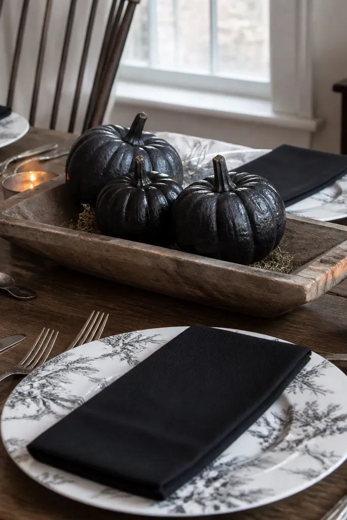 White transferware plates with black napkins and pewter tealights