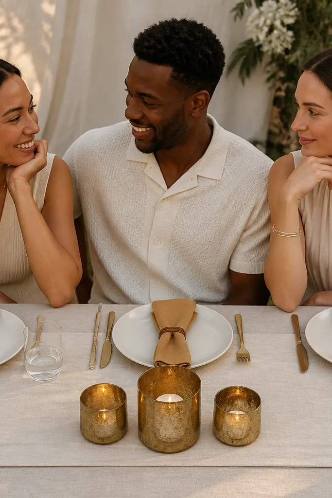 Oat linen table with camel-toned napkins and brass votives
