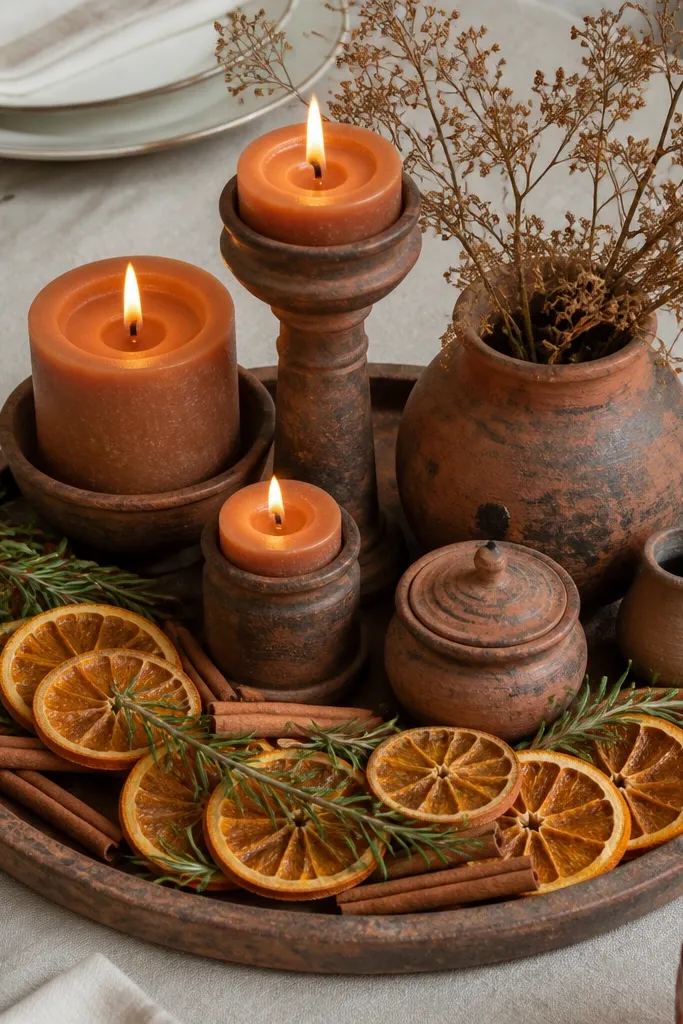 Ivory plates with rusty clay napkins and dried orange slice garland