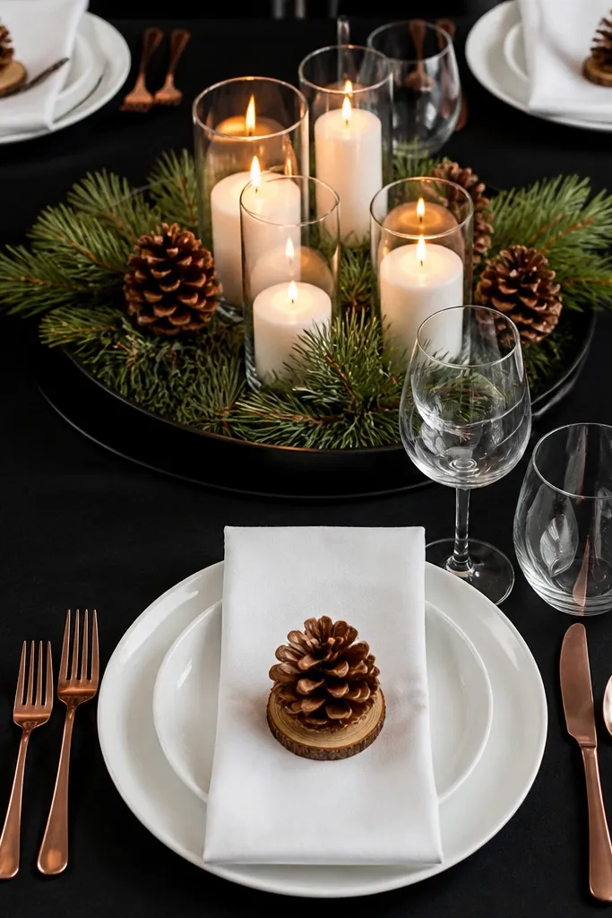 Black tablecloth with white plates and pinecone place-card holders