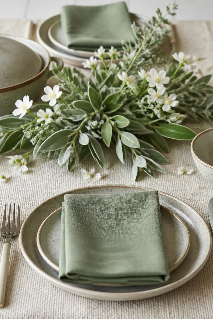 Speckled stoneware with sage napkins on an ivory runner