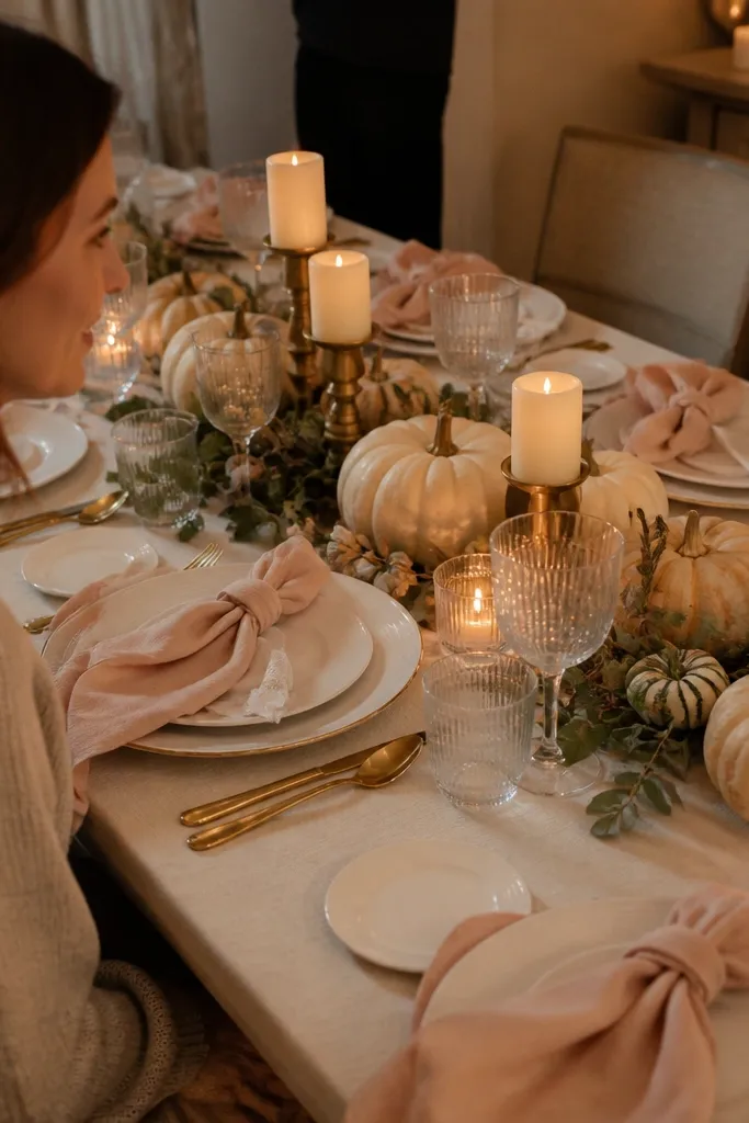 Cream linens with blush napkins and antique brass candle holders