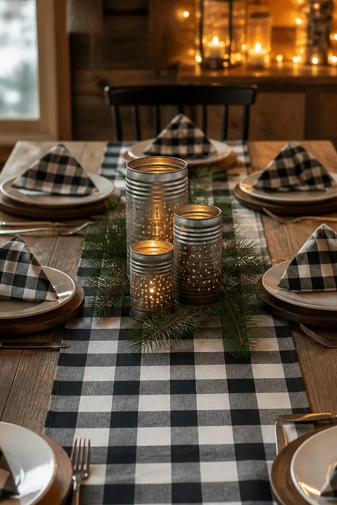 Buffalo check runner with plaid napkins and small tin lanterns on a table