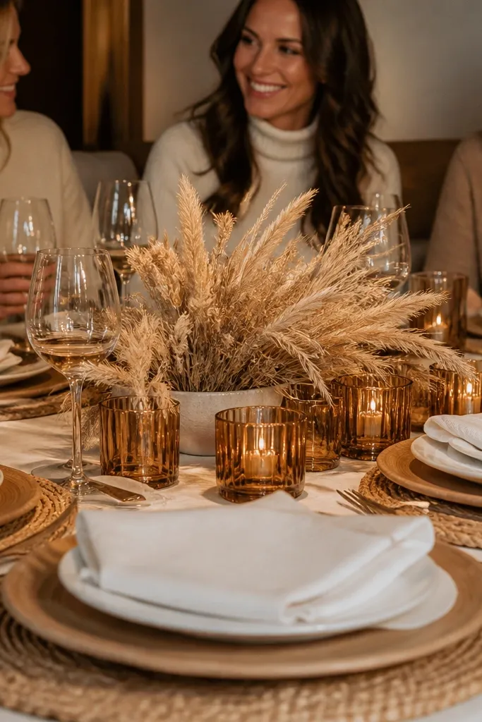 Tan table setting with white napkins and caramel glass votives