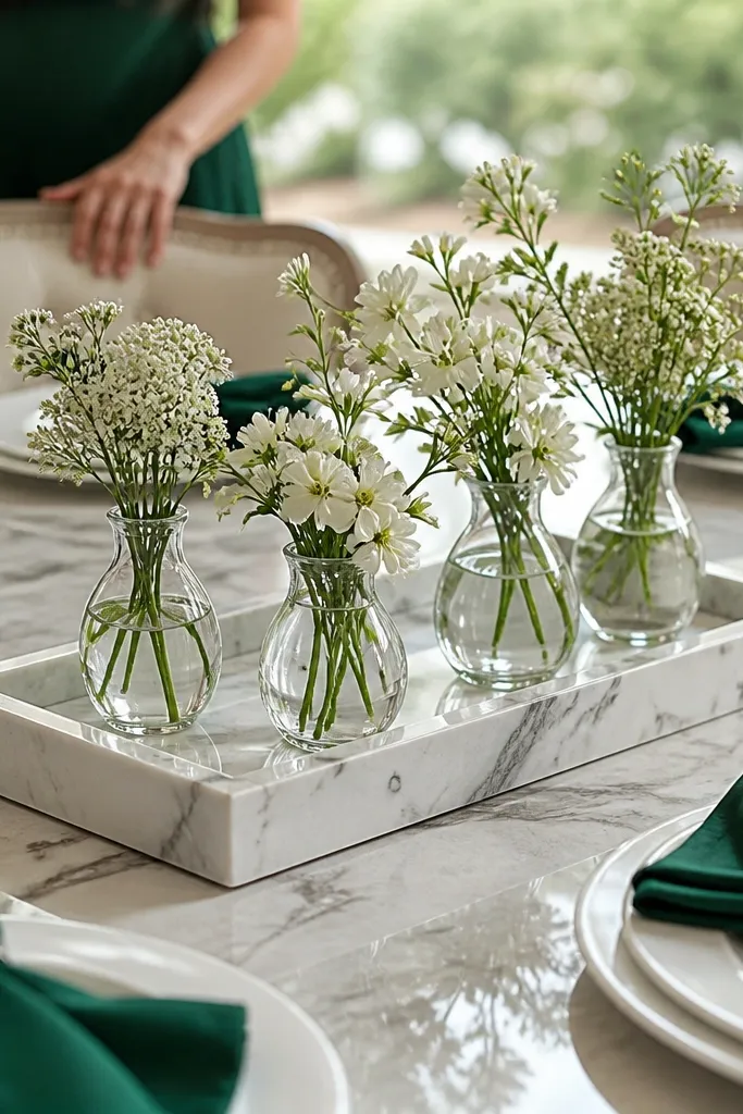 Emerald napkins with marble-effect trays and small white flower bouquets