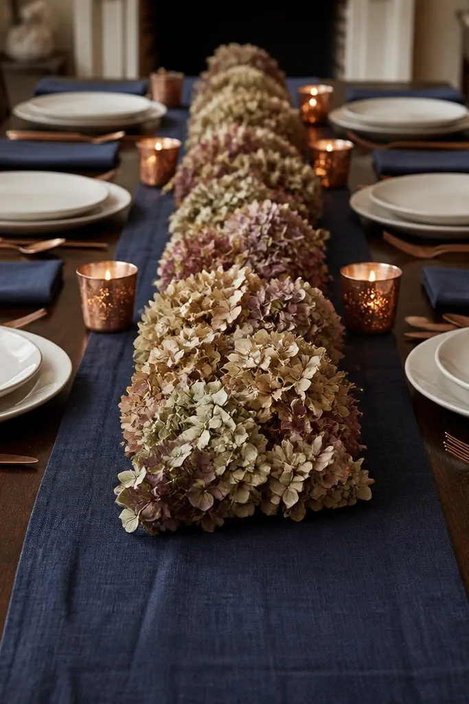 Navy linen with copper cutlery and a dried hydrangea strip centerpiece