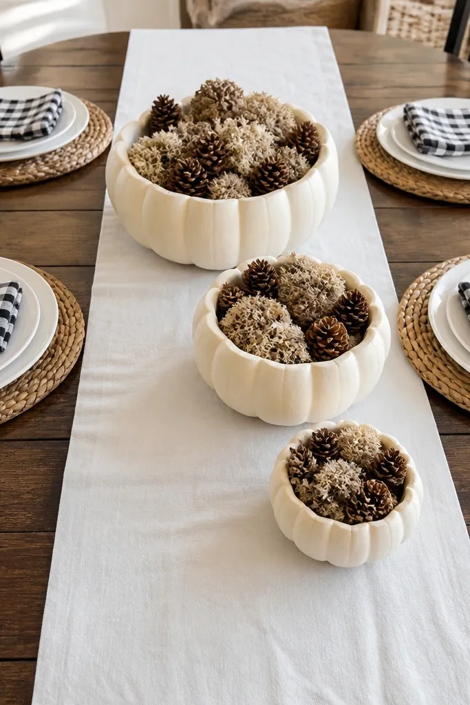 White runner with gingham napkins and small pumpkin bowls in the center