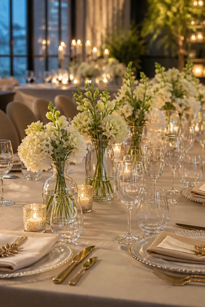 Champagne napkins with gold leaf place cards and clear glass vases