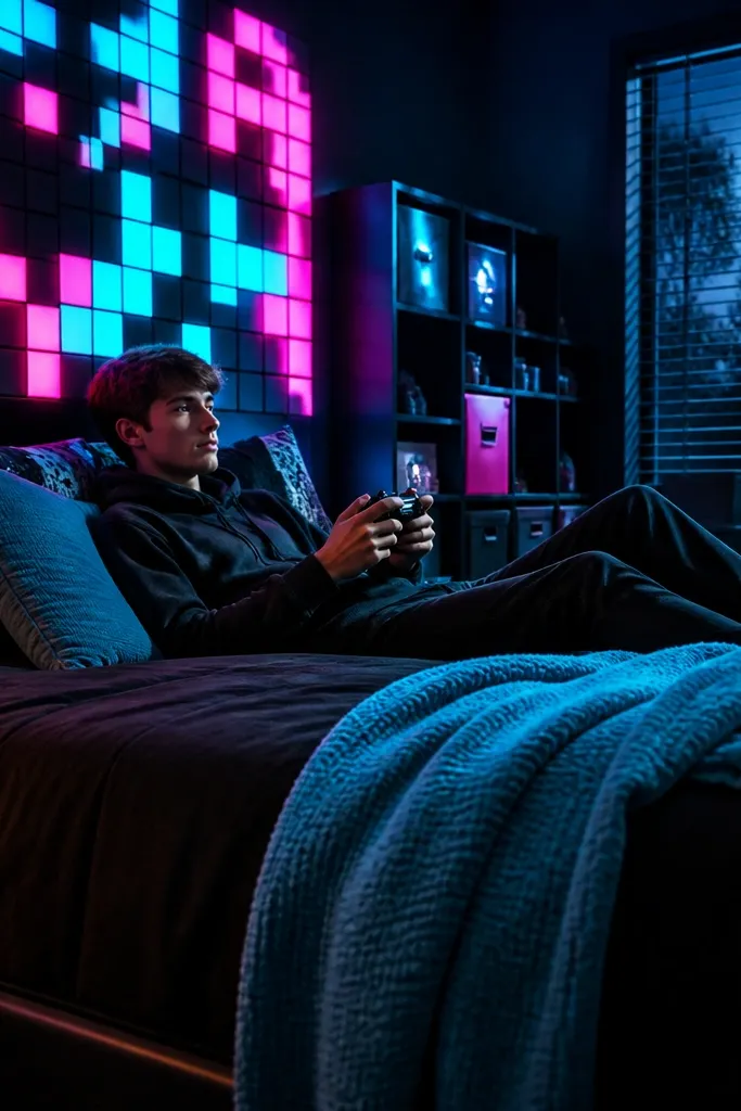 Neon pink and cyan bedding with a pixel wall panel behind the bed and a glowing desk lamp
