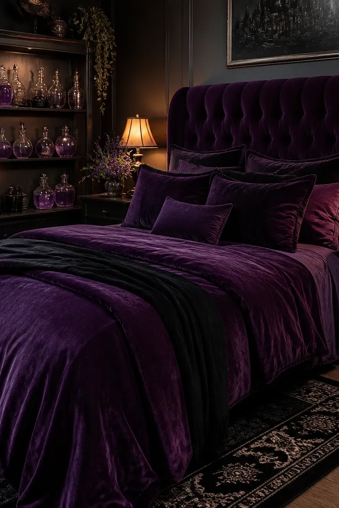 Deep purple bedding with a potion-bottle shelf and a black curtain backdrop