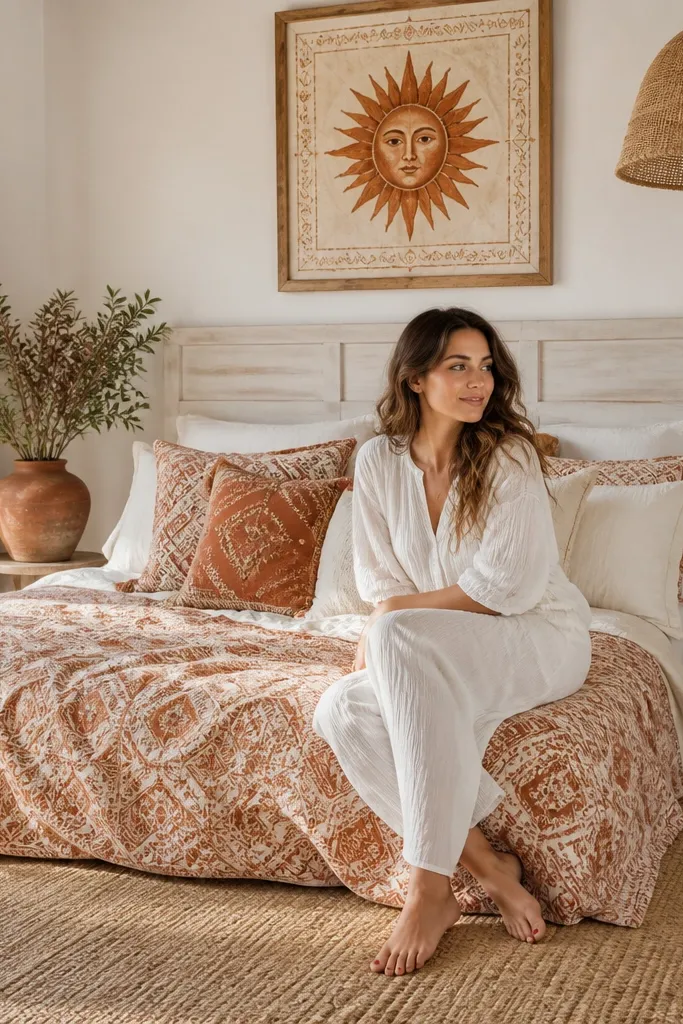 Terracotta and cream bedding with a woven-style rug and warm wall decor behind the bed