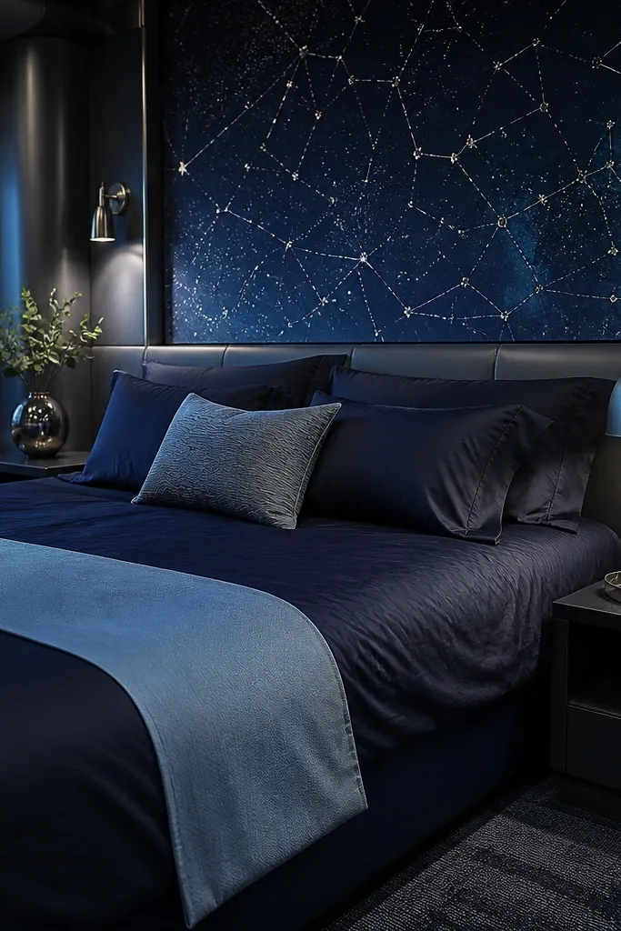 Dark blue bedding with a star map wall behind the bed and silver desk accessories