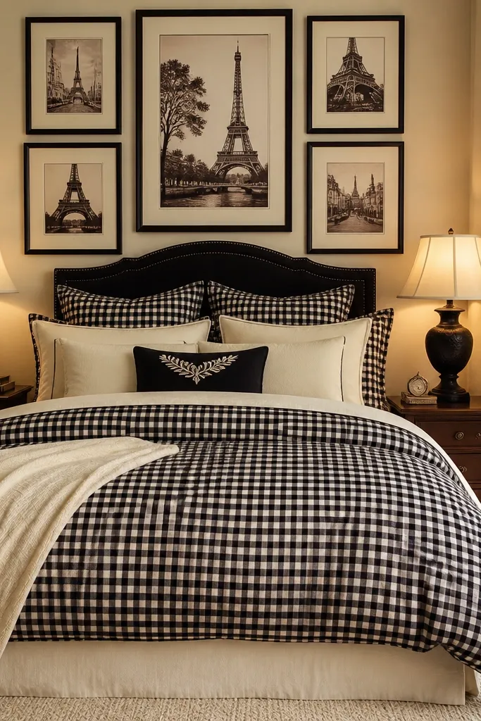 Black gingham bedding with small framed Eiffel-style prints and a cream curtain backdrop