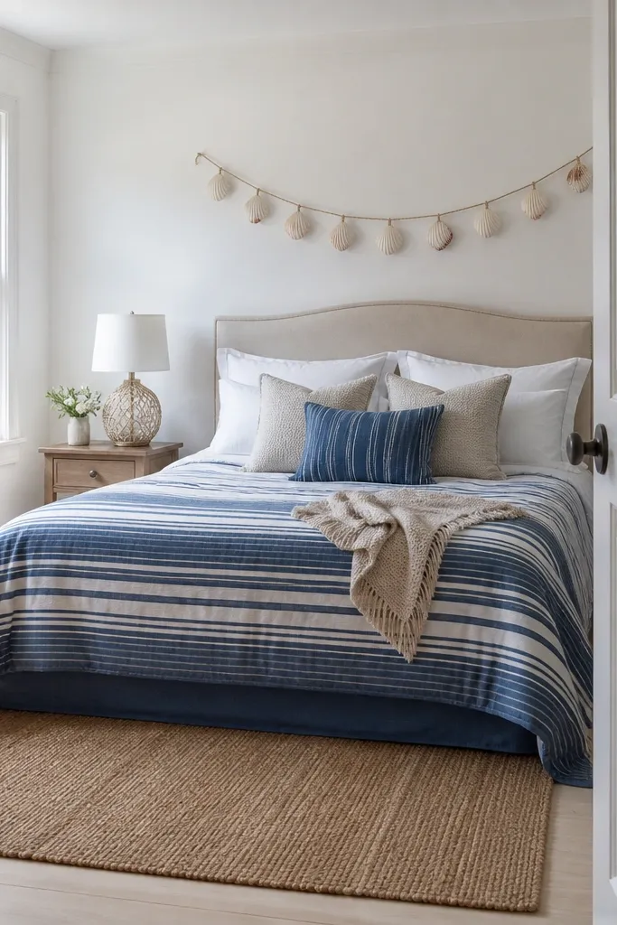 Blue striped bedding with a shell garland above the bed and a light sandy rug