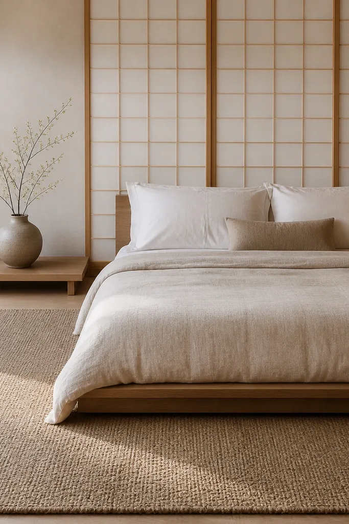 Neutral bedding with a shoji-style panel behind the bed and a low wooden floor rug