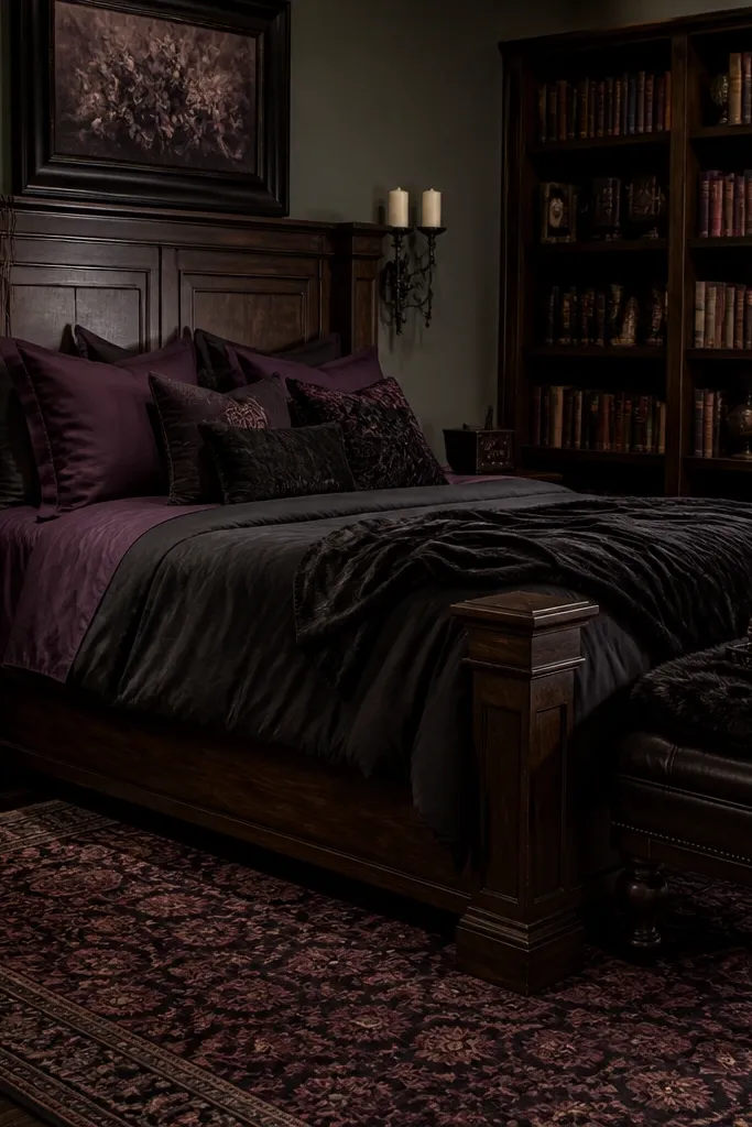 Dark wood bedroom with black bedding, stacked bookshelves, and candle sconces near the bed