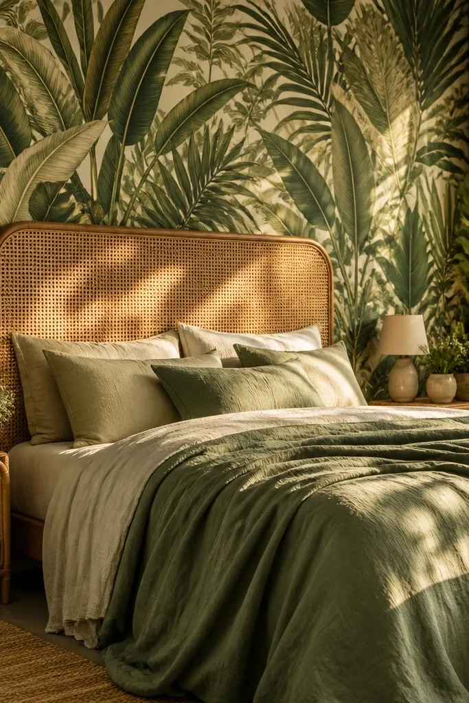 Green leaf wall decor behind the bed with tropical pillows and a rattan-style nightstand