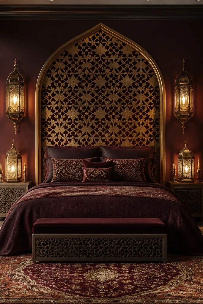 Gold and deep red bedding with an arch-pattern wall behind the bed and lantern decor