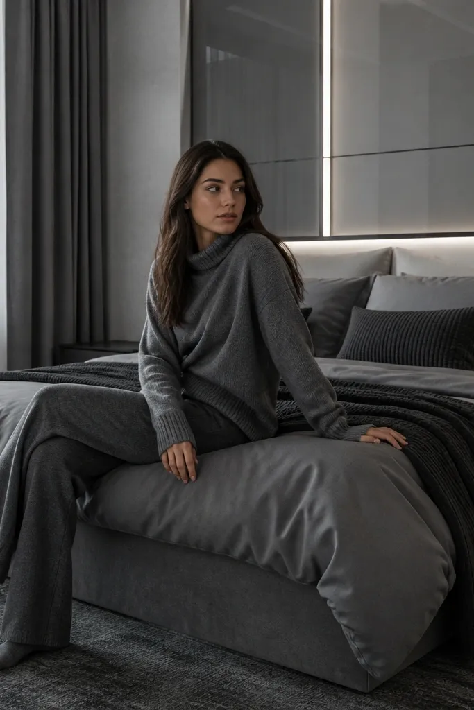 Monochrome gray bedding with textured accents and a sleek wall light behind the bed