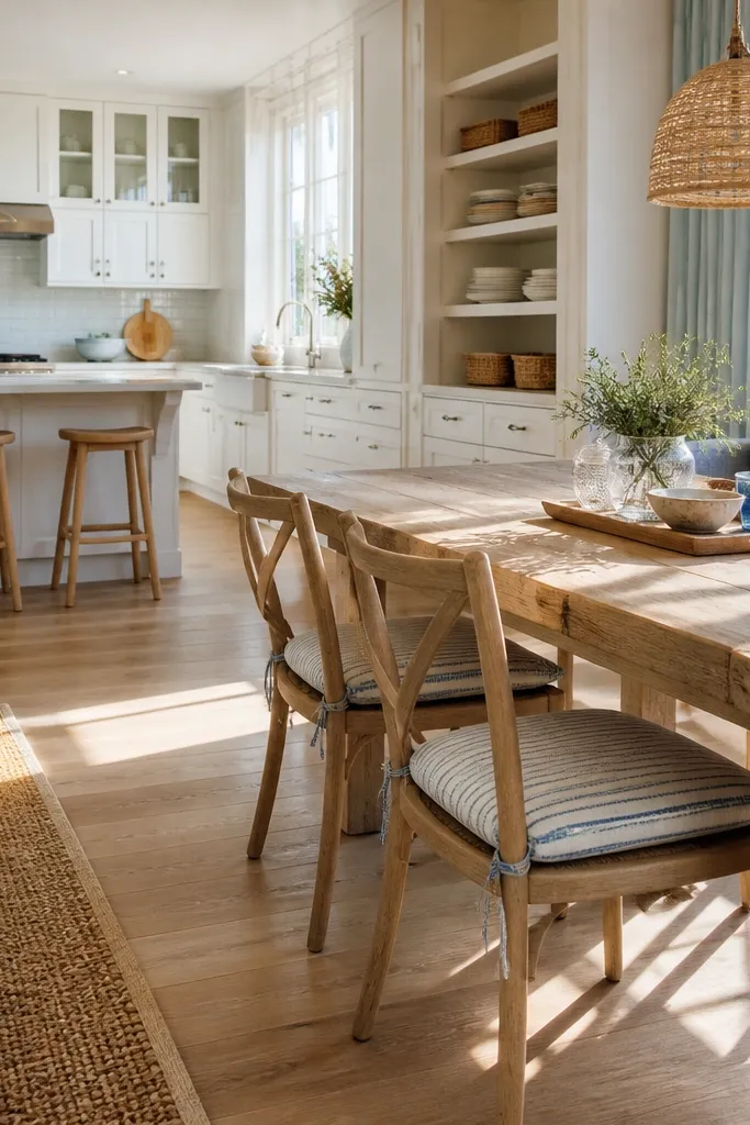 Light blue walls, white cabinets, woven baskets, and a pale wood dining set.