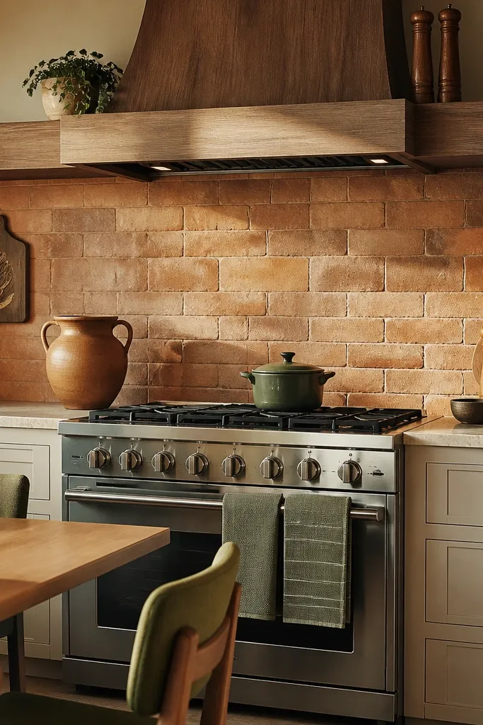 Terracotta walls, olive green accents, brick-style backsplash, and rustic dining chairs.