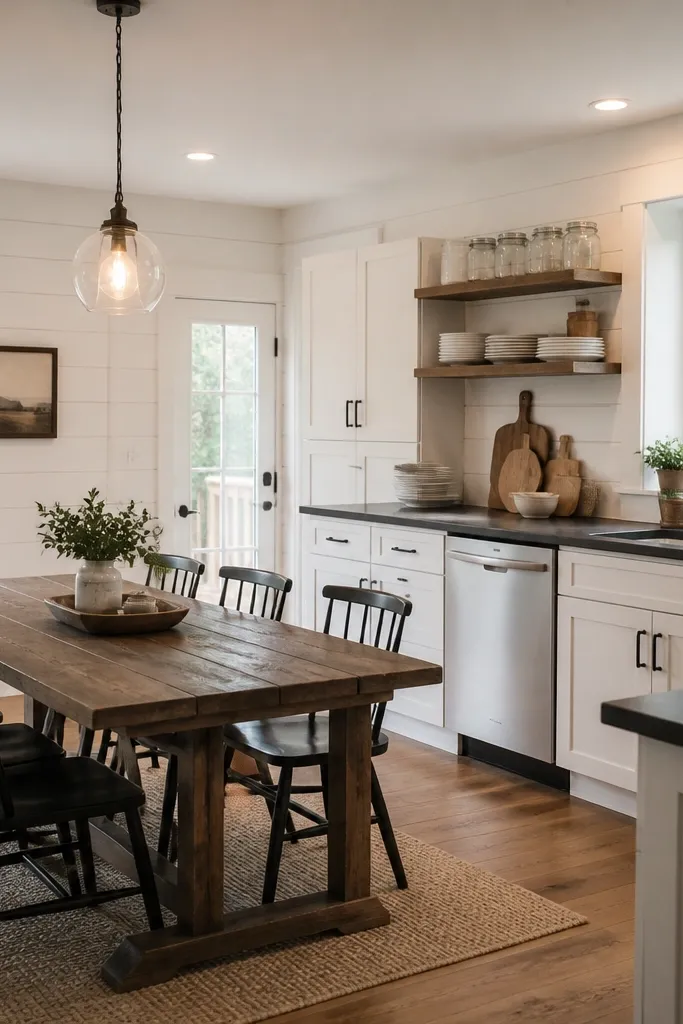 White shiplap look, black hardware, open shelves, and a farmhouse dining table with plaid accents.