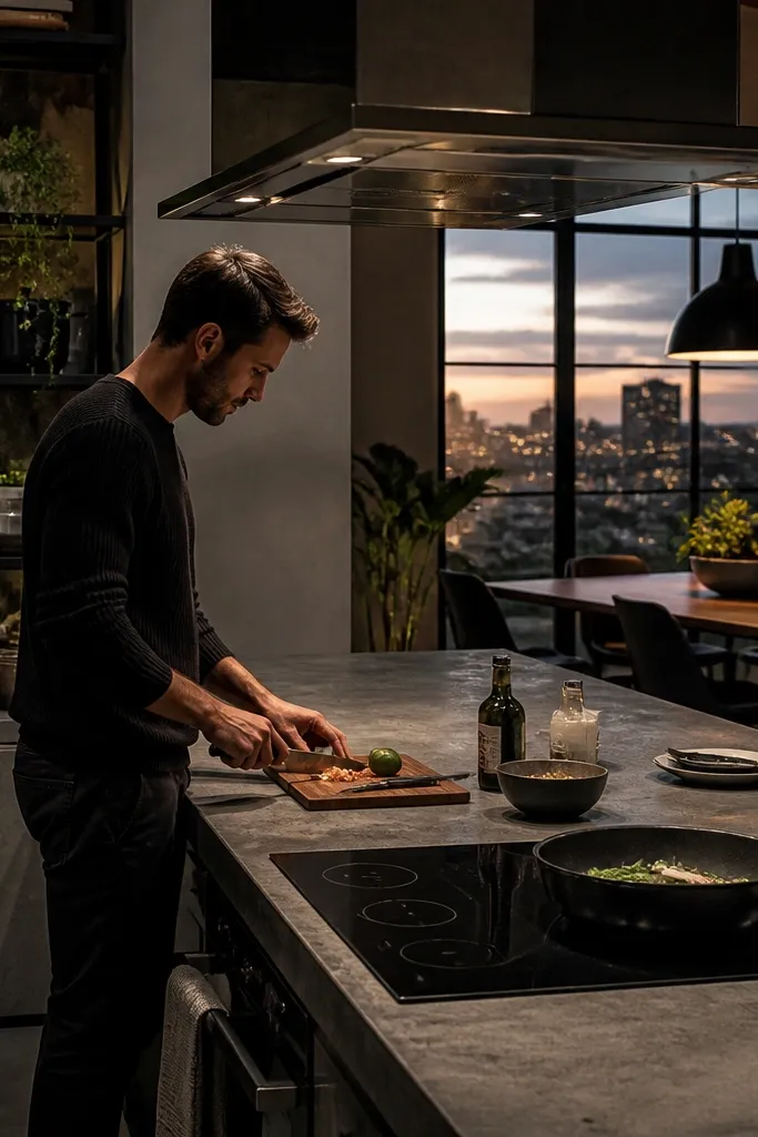 Concrete gray counters, black metal shelves, exposed-style lighting, and a dark dining set.