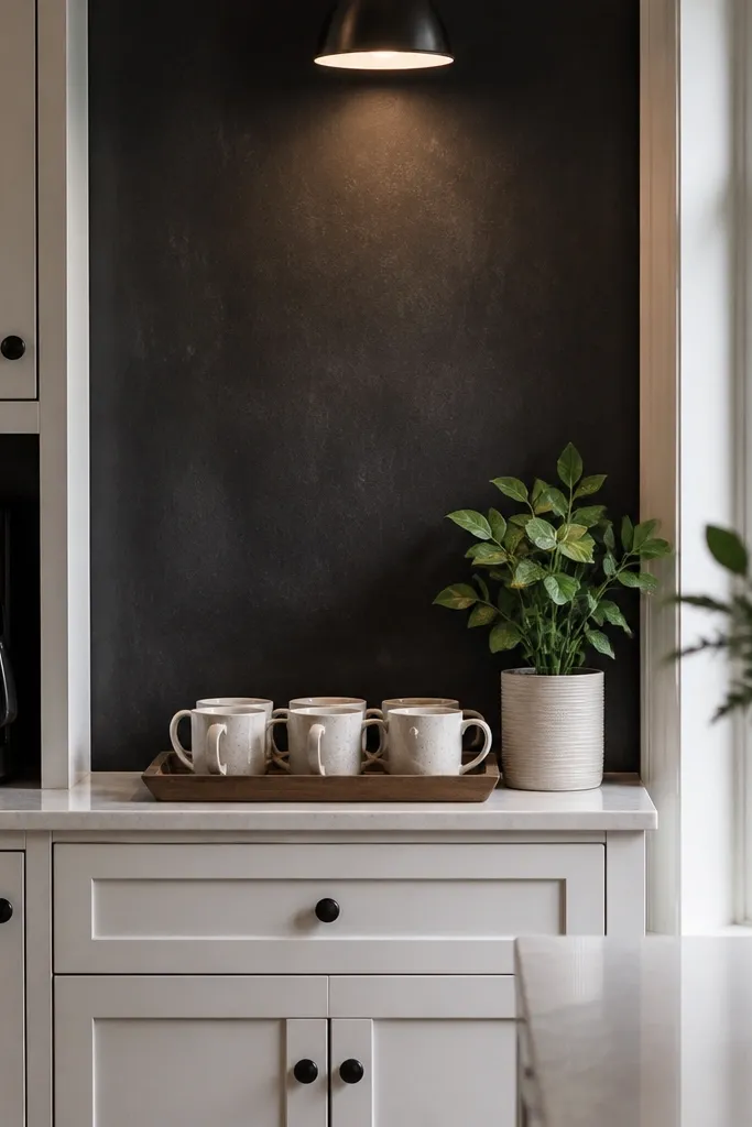 Dark wall panel, chalkboard menu, coffee station items, and a simple dining table.