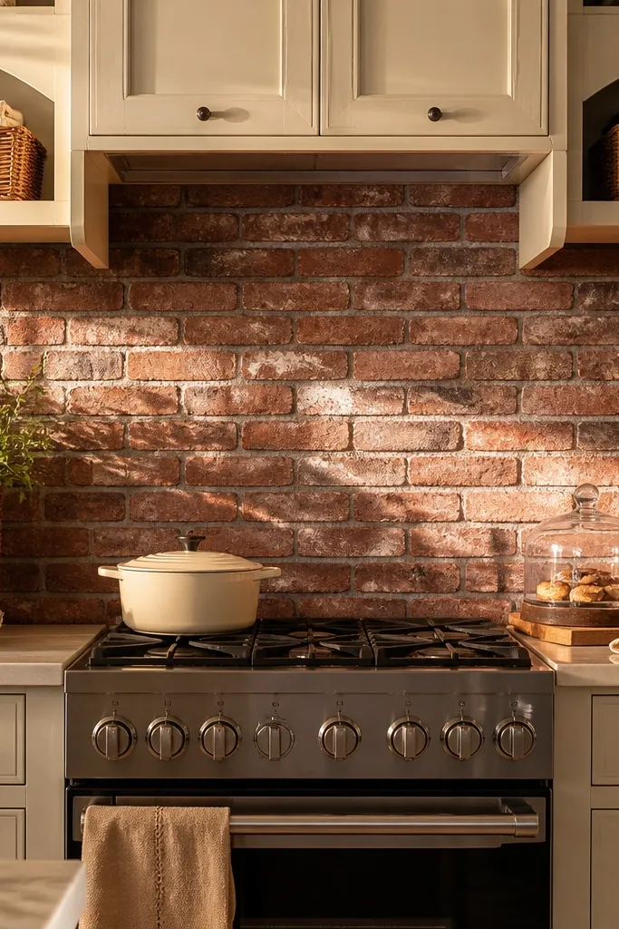 Cream cabinets, red brick backsplash, bakery-style decor, and a red-accent dining table.