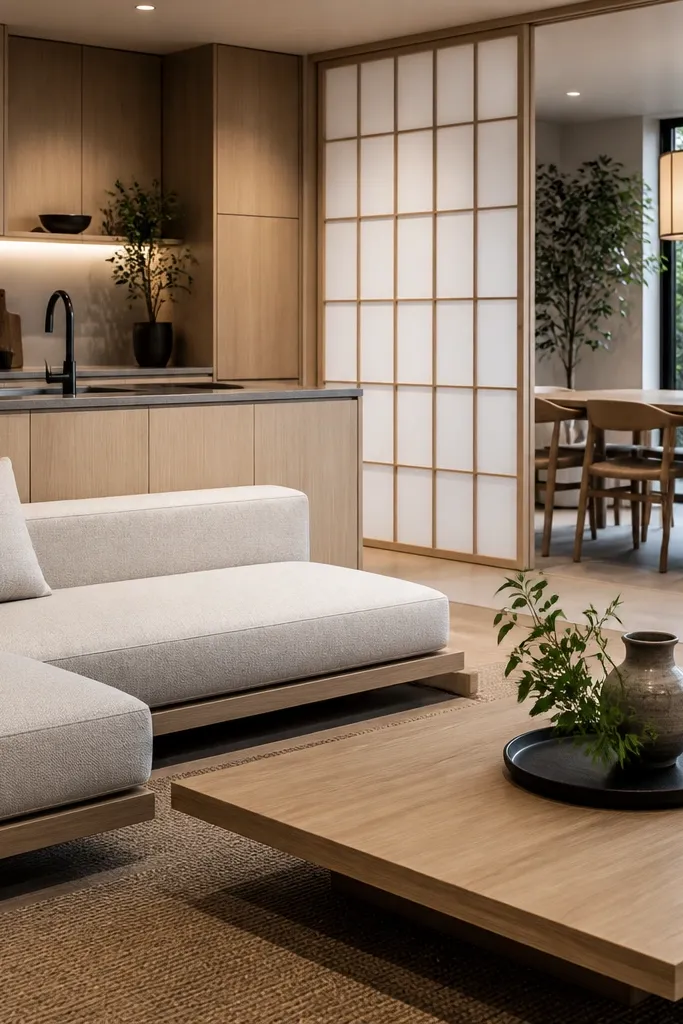 Light wood, neutral counters, shoji-style divider look, and a low dining table with lantern light.