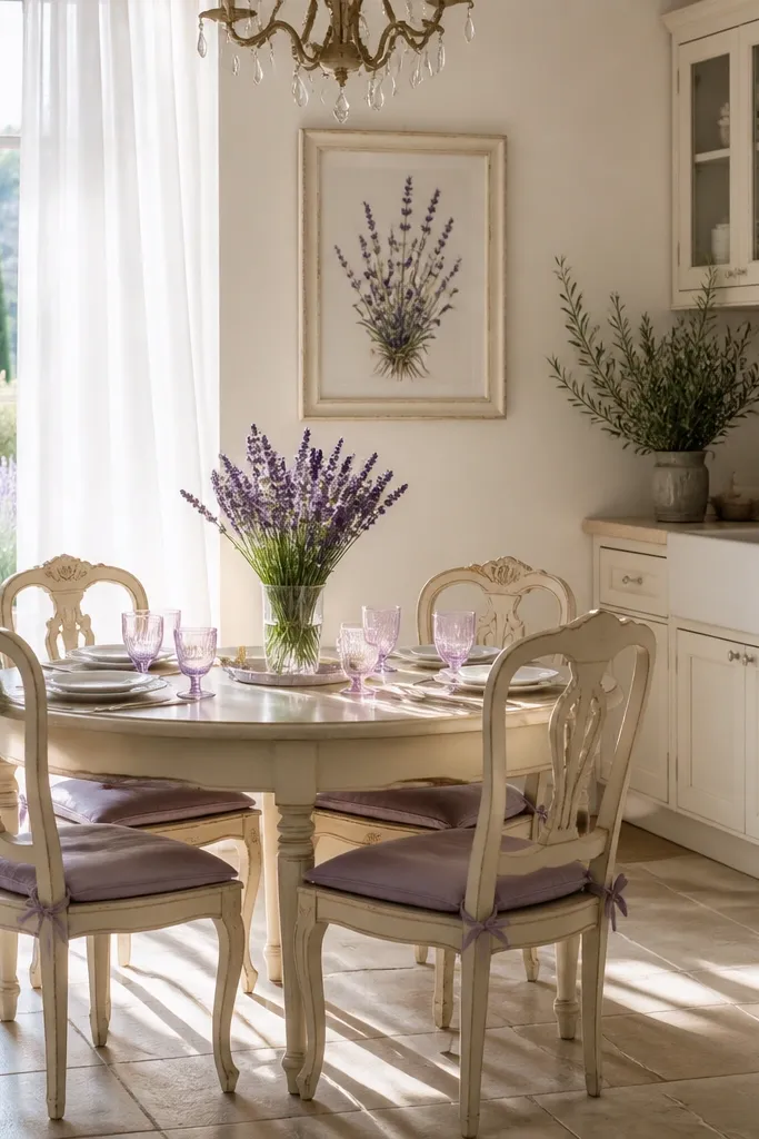 Light lavender accents, white cabinets, floral wall art, and a dining table with pastel chair cushions.