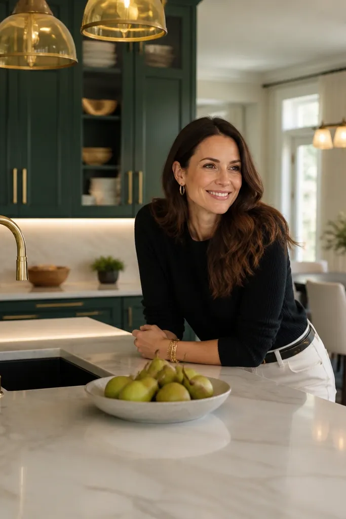 Deep green cabinets, marble-like counters, brass lighting, and a dark dining table with cream seating.