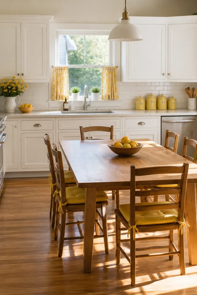 White cabinets with yellow accents, sunny curtains, and a cheerful dining set with light wood.