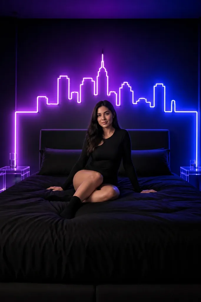 Purple and blue neon wall with a black bed, glowing signs, and circuit-themed decor