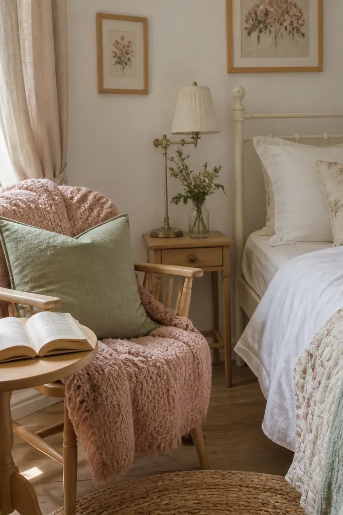 Pastel floral bedding, white shelves, a small reading chair, and warm fairy lights