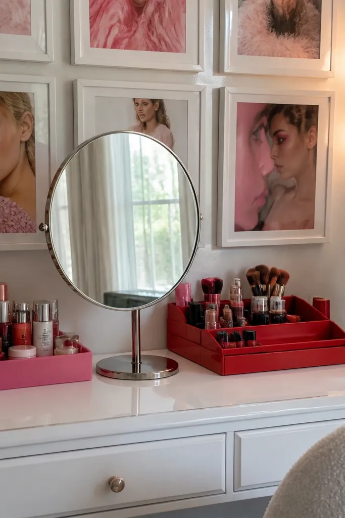 White vanity with round mirror, pink accents, posters on a grid wall, and warm lights