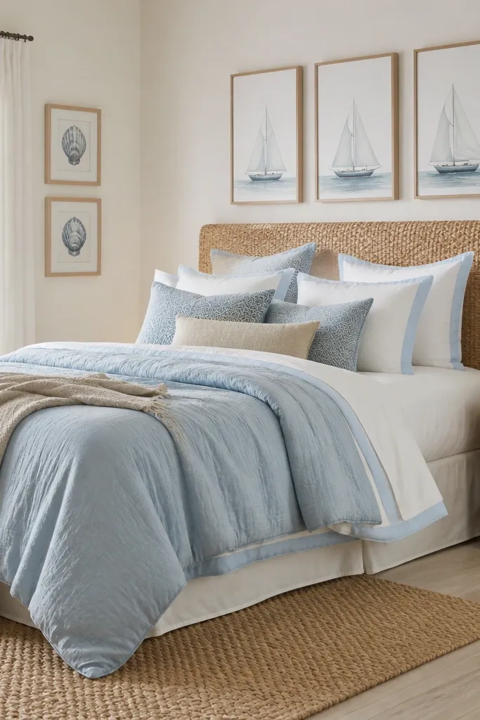 Light blue bedding, white and tan decor, a woven rug, and shell-themed wall art