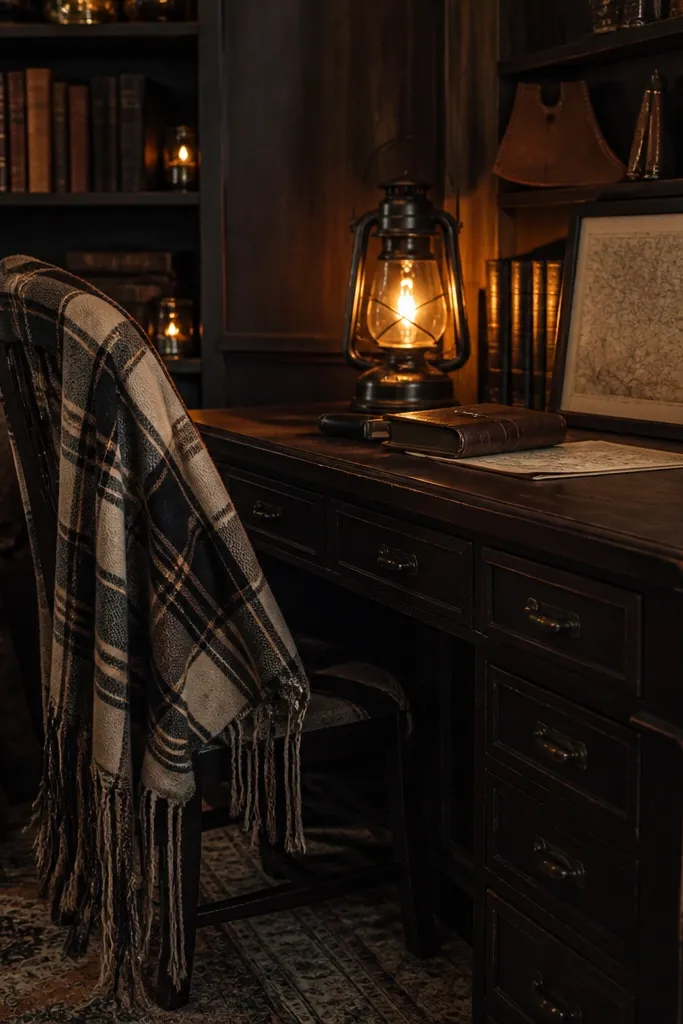 Dark wood desk, plaid throw, warm lantern lights, and framed magical book decor