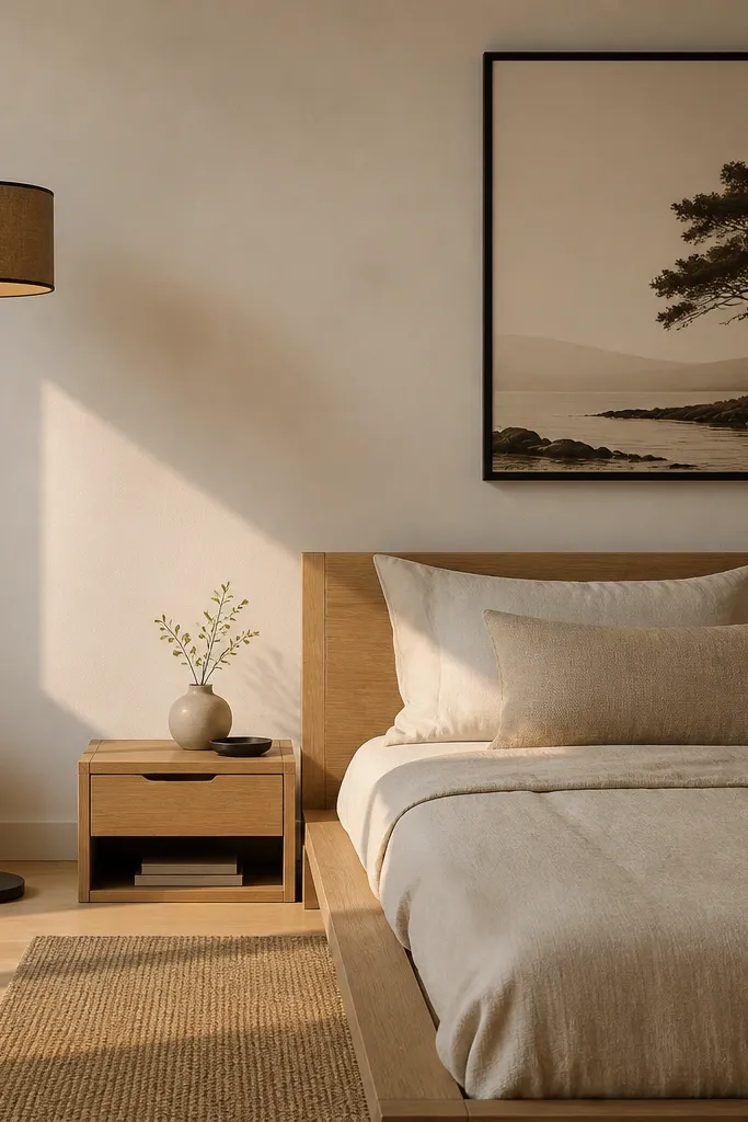 Light wood bed, beige bedding, black accents, simple wall art, and soft floor lamp
